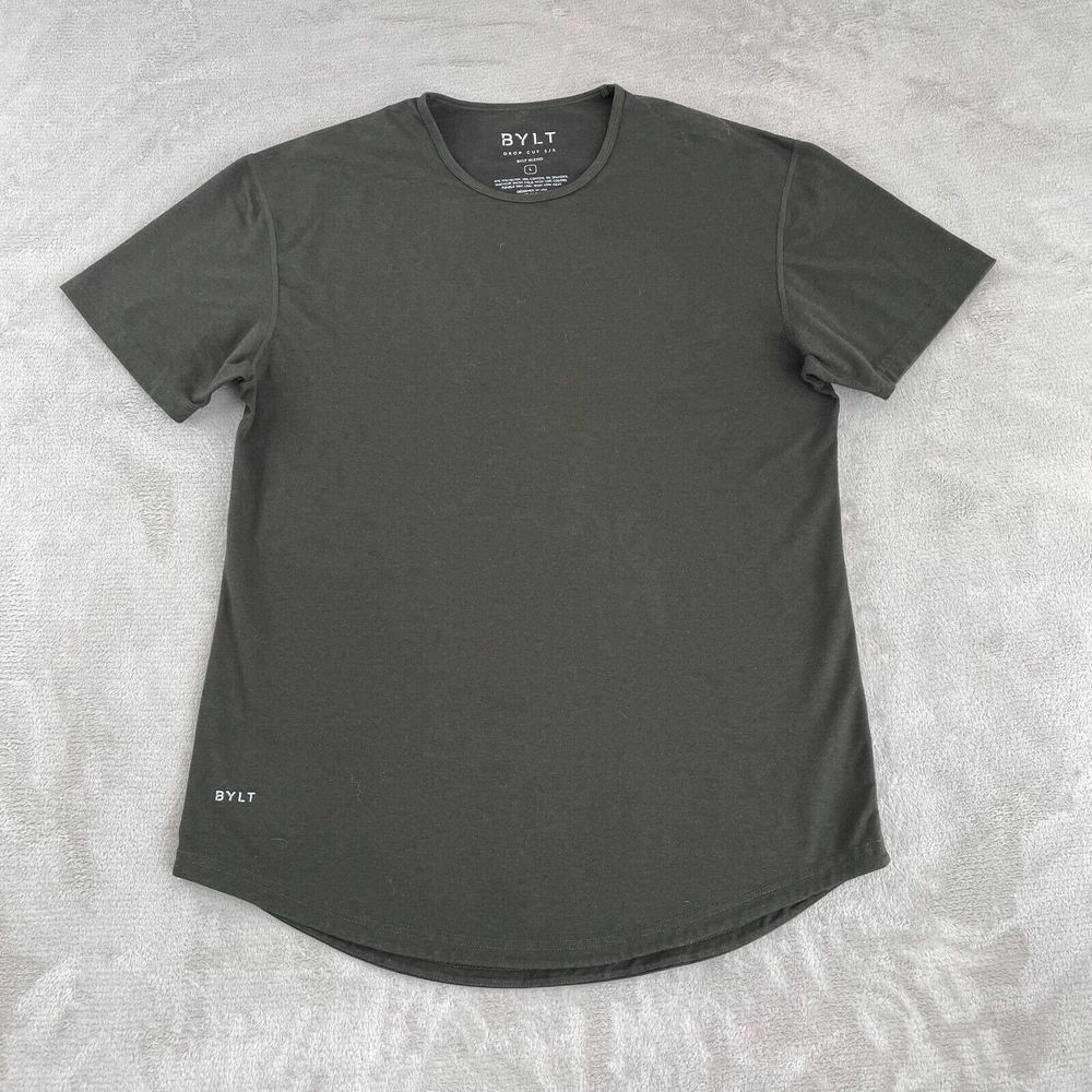 BYLT Drop Cut Lux T Shirt Large Olive Green Stretch Crew Neck Short Sleeve Gym